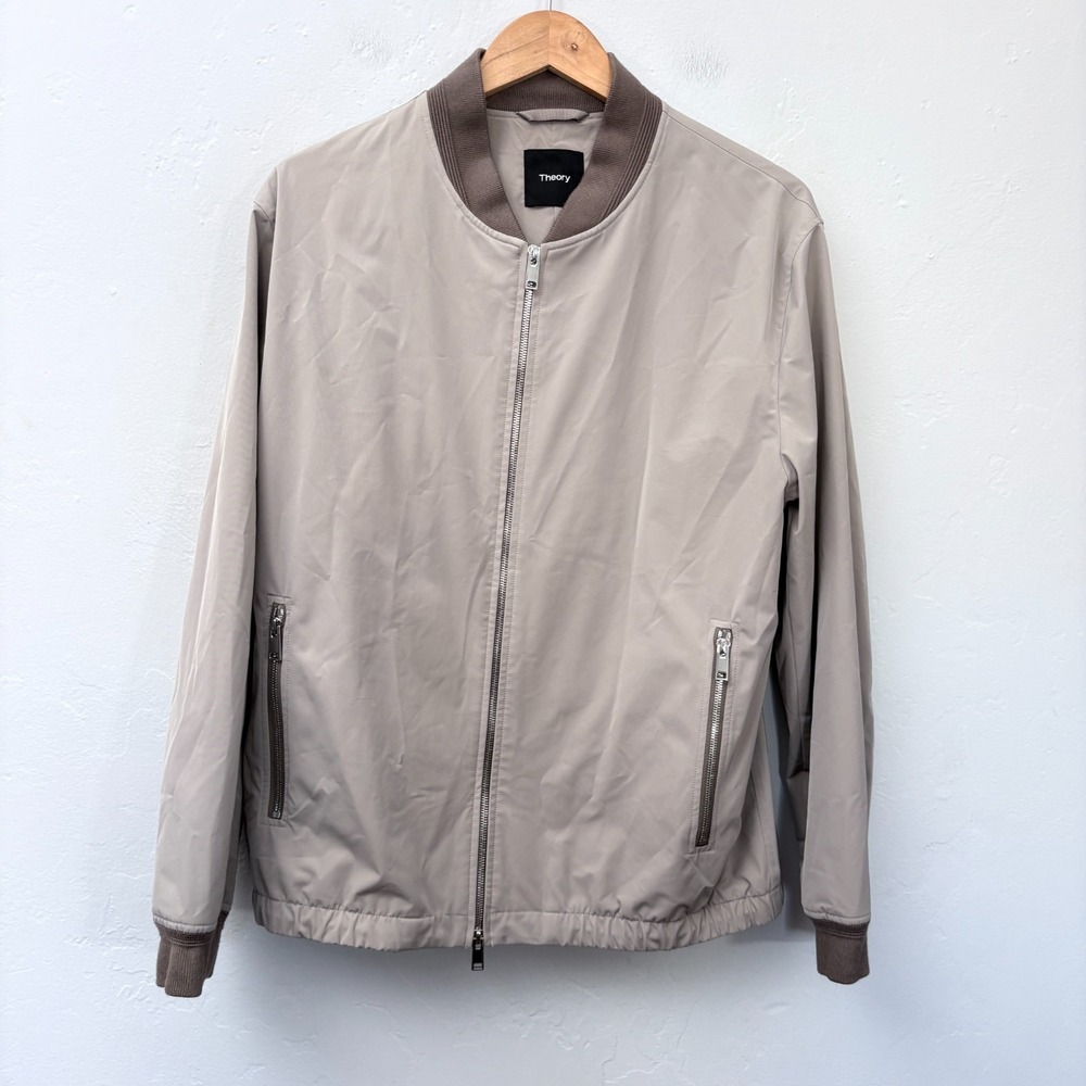 Theory City Bomber Jacket Men Size Large Beige Zip Up Lightweight